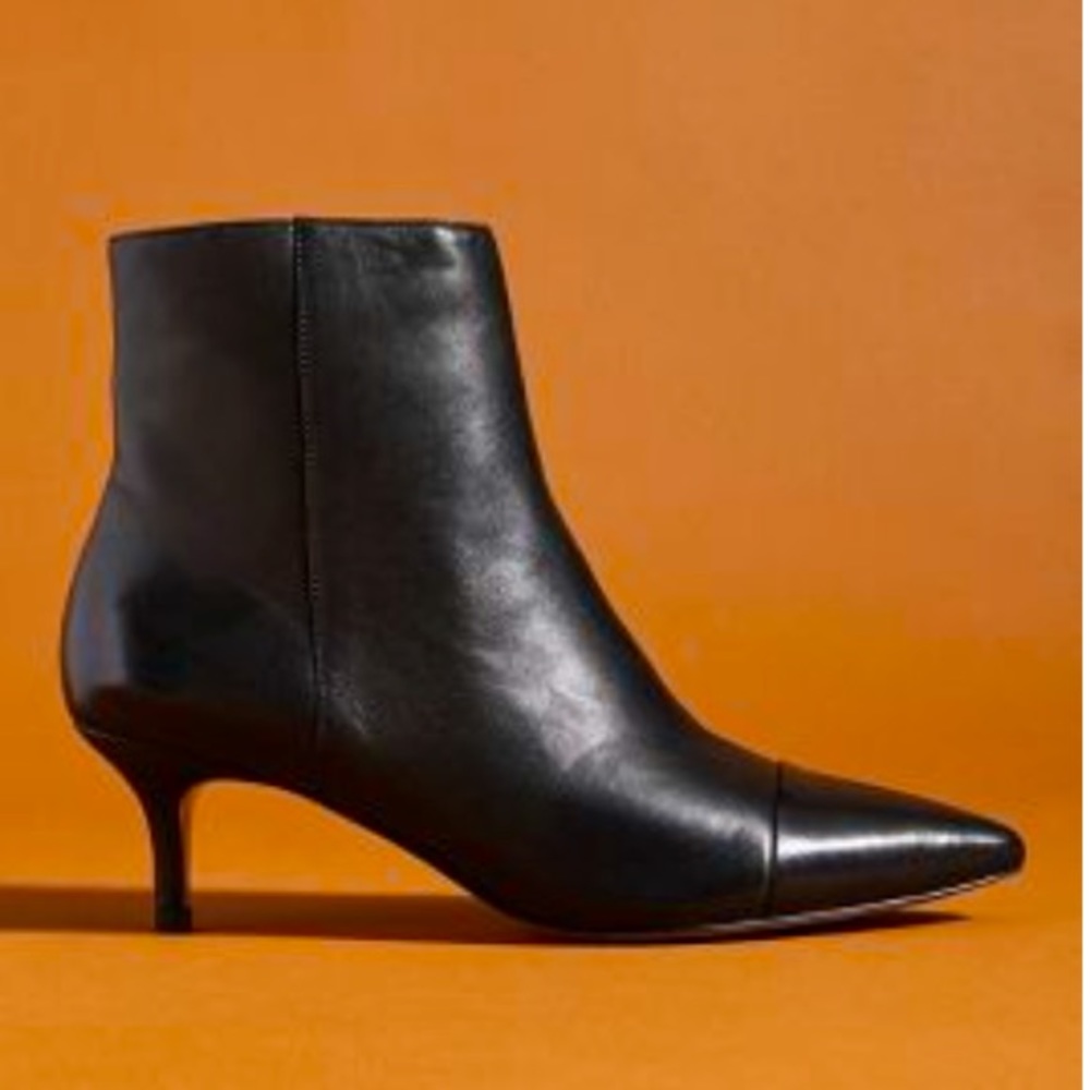 Anthropologie Black Leather Pointed-Toe Kitten Heel Ankle Boots